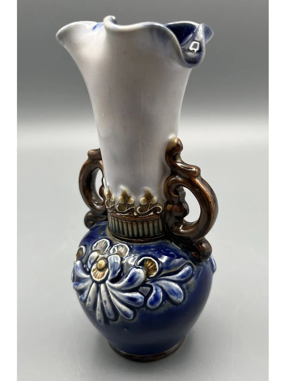 Doulton Lambeth Stoneware Vase Art Nouveau Blue Floral Relief Double Handles